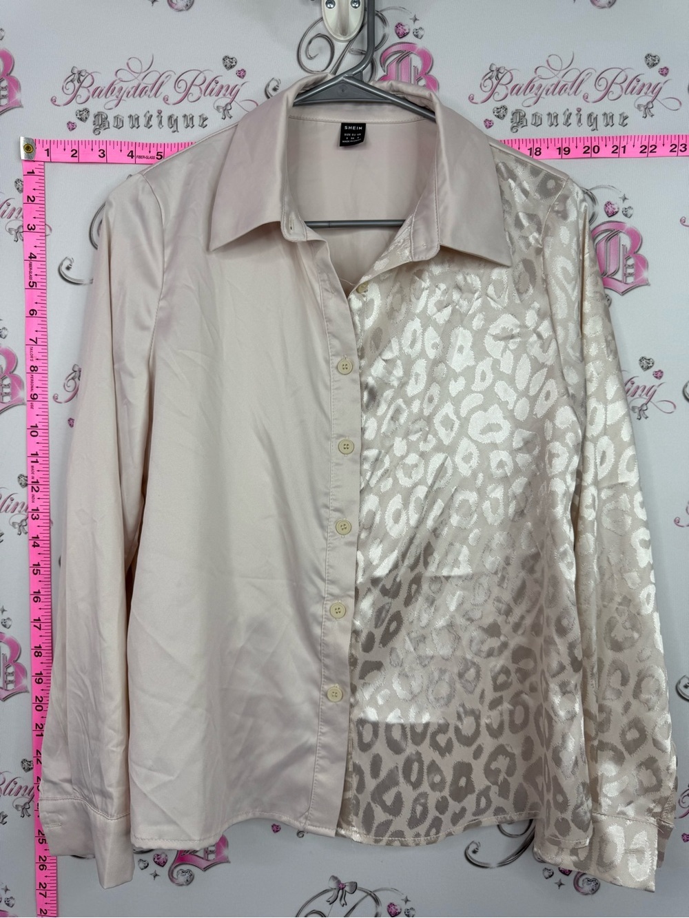 SHEIN shirt shiny cheetah Pale Pink Satin-Look Blouse